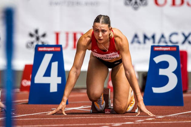 Swiss Athletics Championships, 26.07.2026 ZURICH, SWITZERLAND - JULY 26: Liana Truempi (LAV Glarus) at the start of the 100 m hurdles at the Swiss Athletics Championships on July 26, 2026 in Zurich, Switzerland. *** Swiss Athletics Championships, July 26, 2026, ZURICH, SWITZERLAND Liana Truempi of LAV Glarus at the start of the 100-meter hurdles at the Swiss Athletics Championships on July 26, 2026, in Zurich, Switzerland Copyright: xBEAUTIFULxSPORTS UlfxSchillerx