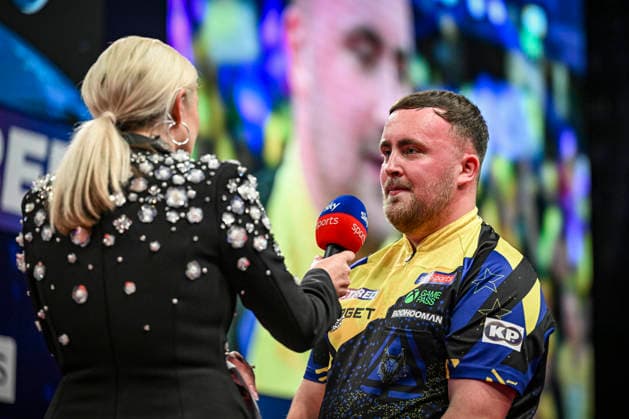 RECORD DATE NOT STATED 26th July 2026, Winter Gardens, Blackpool, Lancashire, England; 2026 Betfred World Matchplay Darts, Mens, Final Day; Luke Littler faces questions from Sky Sports presenter Polly James after winning his final match against Gerwyn Price GodfreyxPitt