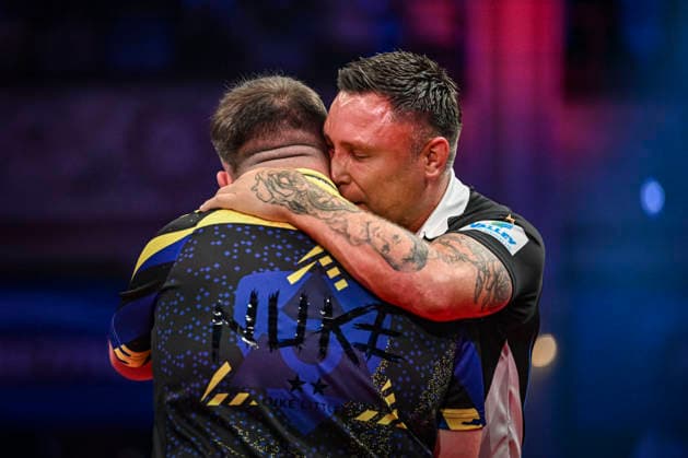 RECORD DATE NOT STATED 26th July 2026, Winter Gardens, Blackpool, Lancashire, England; 2026 Betfred World Matchplay Darts, Mens, Final Day; Gerwyn Price congratulates Luke Littler on his victory in their final match GodfreyxPitt