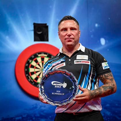 RECORD DATE NOT STATED 26th July 2026, Winter Gardens, Blackpool, Lancashire, England; 2026 Betfred World Matchplay Darts, Mens, Final Day; Gerwyn Price is disappointed after losing his final match against Luke Littler as he holds his runner up trophy GodfreyxPitt