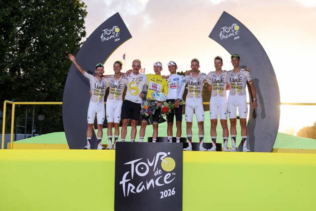 Paris, France Tadej Pogacar (UAE Team Emirates XRG) (SLO) celebrates on the podium in the yellow jersey and Team UAE Team Emirates XRG celebrates ceremony de Podium the Champs-ElysÃ es, Stage 21 of the Tour de France 2026 from Thoiry to Paris (Champs-ElysÃ es) on July 26, 2026, in Paris, France *** Paris, France: Tadej Pogacar of UAE Team Emirates XRG SLO celebrates on the podium in the yellow jersey, and UAE Team Emirates XRG celebrates at the podium ceremony on the Champs-Élysées during Stage 21 of the 2026 Tour de France, from Thoiry to the Champs-Élysées in Paris, on July 26, 2026, in Paris, France Copyright: HMBxMedia JoaquimxFerreira
