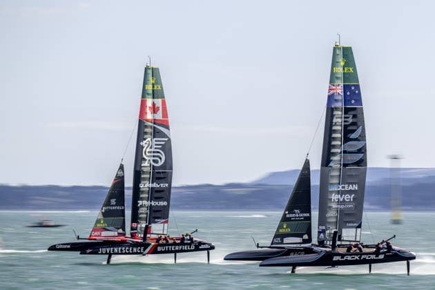 Canada Sail GP with Giles Scott as driver leads New Zealand Led by legendary sailing duo Peter Burling and Blair Tuke during the Emirates GB SailGP at The Solent, Portsmouth, UK on 26 July 2026. Copyright: xPhilxHutchinsonx 45300094