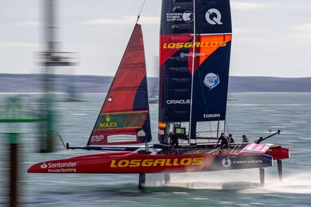 Spain lead by driver Diego Botin and wing trimmer Florian Trittel during the Emirates GB SailGP at The Solent, Portsmouth, UK on 26 July 2026. Copyright: xPhilxHutchinsonx 45300101