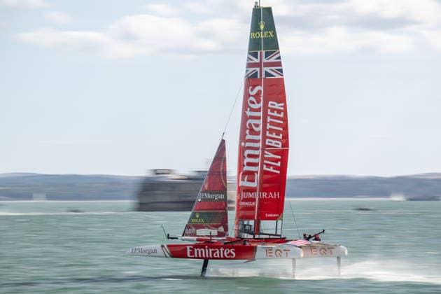 Emirates Great Britain driven by Olympic gold medallist, and America s Cup Helm, Dylan Fletcher. during the Emirates GB SailGP at The Solent, Portsmouth, UK on 26 July 2026. Copyright: xPhilxHutchinsonx 45300115
