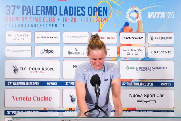 IPA87027553 - Palermo, Italy, July 2026. Country Time Club, women s singles final at the 2026 Palermo Ladies Open, a professional women s tennis tournament on the WTA, Tennis Damen 125 circuit. Pictured: Fiona Ferro at a press conference, PK, Pressekonferenz  Copyright: xFedericoxSerra IPAxSportx xx 87027553