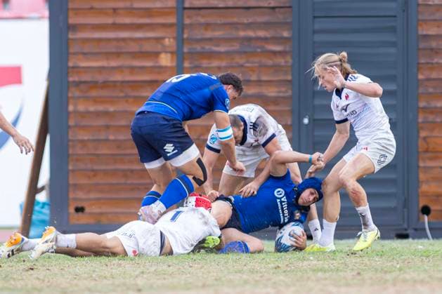 July 26, 2026, Split, Dalmatia, Croatia: Action during RUGBY EUROPE SEVENS MEN S CHAMPIONSHIP SERIES 2026 - SPLIT FINAL match between the France and Italy. On photo Simone GESI (Italy) 13 on ground,Leonardo Antonio SODO MIGLIORI (Italy) 15, Hoani BOSMORIN (France) 17 and Gabriel BOHN (France) 55. Split Croatia - ZUMAp210 20260726_zsp_p210_003 Copyright: xMajaxPrgometx