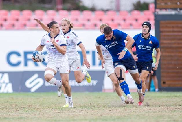 July 26, 2026, Split, Dalmatia, Croatia: Action during RUGBY EUROPE SEVENS MEN S CHAMPIONSHIP SERIES 2026 - SPLIT FINAL match between the France and Italy. On photo . Arthur MATHIRON (France) 21; Hoani Bosmorin (France) 17; Leonardo Antonio SODO MIGLIORI (Italy) 15 and Simone BRISIGHELLA (Italy) 8. Split Croatia - ZUMAp210 20260726_zsp_p210_004 Copyright: xMajaxPrgometx