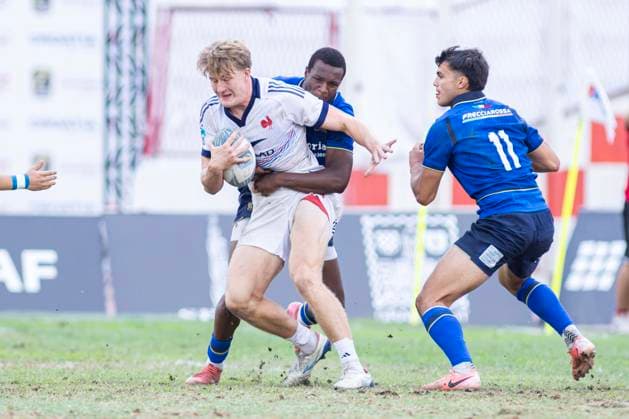 July 26, 2026, Split, Dalmatia, Croatia: Action during RUGBY EUROPE SEVENS MEN S CHAMPIONSHIP SERIES 2026 - SPLIT FINAL match between the France and Italy. On photo . Merlin LEFLAMAND (France) 20 with ball; Luca BELLONI (Italy) 11; Inza DENE (Italy) 7. Split Croatia - ZUMAp210 20260726_zsp_p210_006 Copyright: xMajaxPrgometx