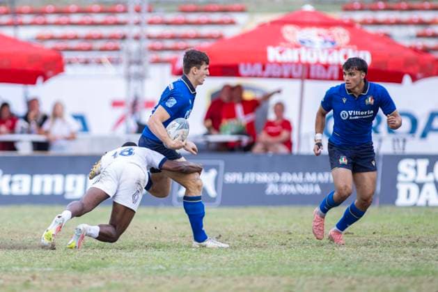 July 26, 2026, Split, Dalmatia, Croatia: Action during RUGBY EUROPE SEVENS MEN S CHAMPIONSHIP SERIES 2026 - SPLIT FINAL match between the France and Italy. On photo .Jeremy NEMOR (France) 18; Luca BELLONI (Italy) 11; Marco SCALABRIN (Italy) 14 with ball. Split Croatia - ZUMAp210 20260726_zsp_p210_008 Copyright: xMajaxPrgometx
