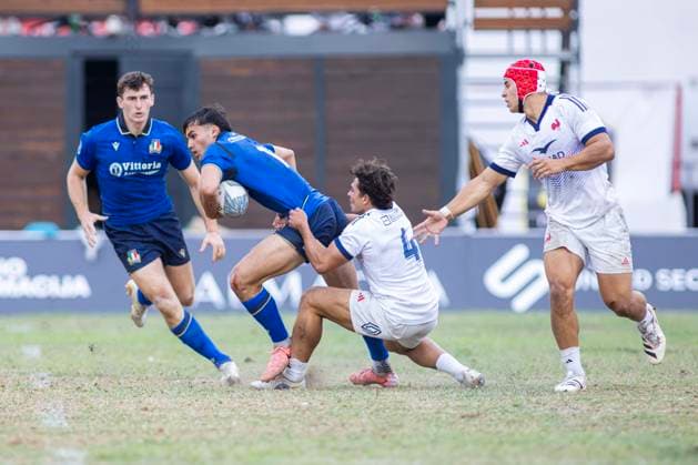 July 26, 2026, Split, Dalmatia, Croatia: Action during RUGBY EUROPE SEVENS MEN S CHAMPIONSHIP SERIES 2026 - SPLIT FINAL match between the France and Italy. On photo .Martin BLUM (France) 4 ; Joe QUERE KARABA (France) 1; Luca BELLONI (Italy) 11 with ball; Marco SCALABRIN (Italy) 14. RUGBY EUROPE SEVENS MEN s CHAMPIONSHIP SERIES 2026 - SPLIT FINAL: France Vs Italy 43:0  - ZUMAp210 20260726_zsp_p210_009 Copyright: xMajaxPrgometx