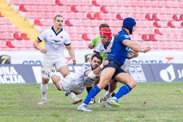 July 26, 2026, Split, Dalmatia, Croatia: Action during RUGBY EUROPE SEVENS MEN S CHAMPIONSHIP SERIES 2026 - SPLIT FINAL match between the France and Italy. On photo Simone GESI (Italy) 13 with ball, Joe QUERE KARABA (France) 1 , Arthur MATHIRON (France) 21, Nathan GAGNAC (France) 72. Split Croatia - ZUMAp210 20260726_zsp_p210_019 Copyright: xMajaxPrgometx
