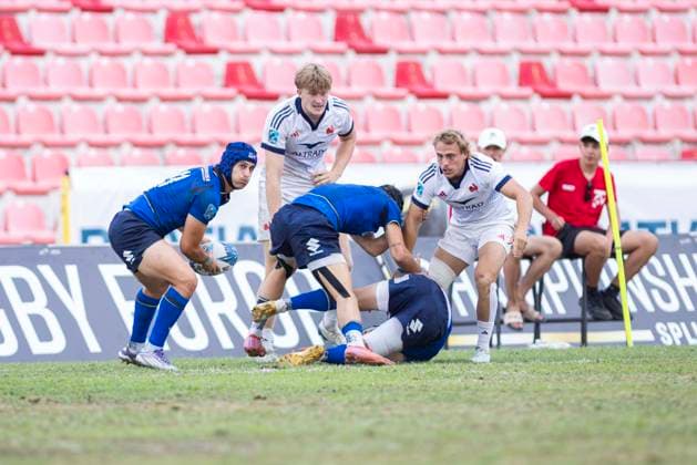 July 26, 2026, Split, Dalmatia, Croatia: Action during RUGBY EUROPE SEVENS MEN S CHAMPIONSHIP SERIES 2026 - SPLIT FINAL match between the France and Italy. On photo Merlin LEFLAMAND (France) 20, Johan WASSERMAN (France) 67, Simone GESI (Italy) 13 with ball. Split Croatia - ZUMAp210 20260726_zsp_p210_022 Copyright: xMajaxPrgometx
