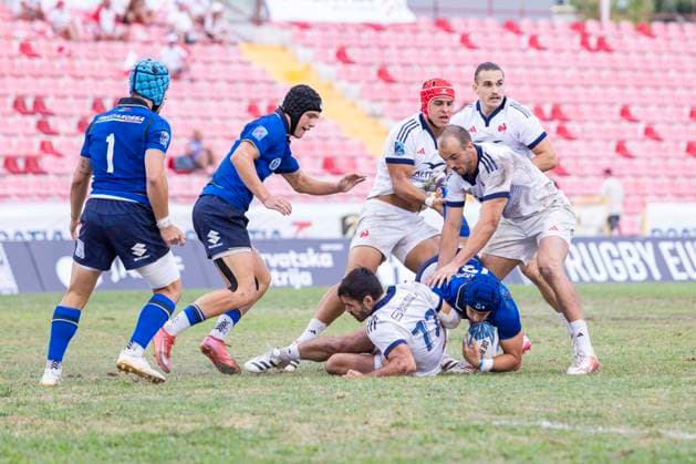July 26, 2026, Split, Dalmatia, Croatia: Action during RUGBY EUROPE SEVENS MEN S CHAMPIONSHIP SERIES 2026 - SPLIT FINAL match between the France and Italy. On photo Simone GESI (Italy) 13 with ball, Filippo BOZZONI (Italy) 1, Simone BRISIGHELLA (Italy) 8, Joe QUERE KARABA (France) 1 , Arthur MATHIRON (France) 21, Nathan GAGNAC (France) 72, Gabriel BOHN (France) 55. Split Croatia - ZUMAp210 20260726_zsp_p210_020 Copyright: xMajaxPrgometx
