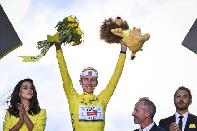 Tour de France arrival in Paris - Tropies FA Tadej Pogacar reacts during the trophy ceremony at the end of the 21st step of the Tour de France at the Champs-Elysees in Paris on July 26, 2026. Photo by Firas Abdullah ABACAPRESS.COM Paris Ile-de-France France  Copyright: xAbdullahxFiras ABACAx