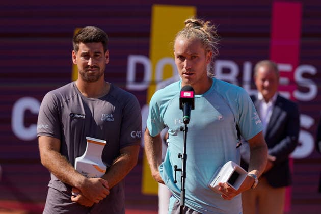 July 26, 2026, Estoril, Portugal: Orlando Luz (L) and Rafael Matos (R) speaking to the audience after the doubles final of Millennium Estoril Open ATP, Tennis Herren Tour 250 tennis tournament at the Clube de Tenis do Estoril. Final score: Titouan Droguet Kyrian Jacquet 2:1 Orlando Luz Rafael Matos Titouan Droguet Kyrian Jacquet Vs Orlando Luz Rafael Matos In Estoril, Portugal - 26 Jul 2026  - ZUMAs197 20260726_aaa_s197_183 Copyright: xBrunoxdexCarvalhox