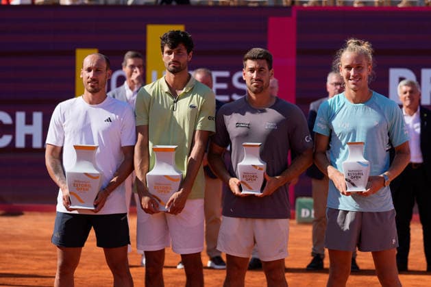 July 26, 2026, Estoril, Portugal: Kyrian Jacquet (L), Titouan Droguet (C), Orlando Luz (C) and Rafael Matos (R) holding their trophies during the doubles final of Millennium Estoril Open ATP, Tennis Herren Tour 250 tennis tournament at the Clube de Tenis do Estoril. Final score: Titouan Droguet Kyrian Jacquet 2:1 Orlando Luz Rafael Matos Titouan Droguet Kyrian Jacquet Vs Orlando Luz Rafael Matos In Estoril, Portugal - 26 Jul 2026  - ZUMAs197 20260726_aaa_s197_187 Copyright: xBrunoxdexCarvalhox
