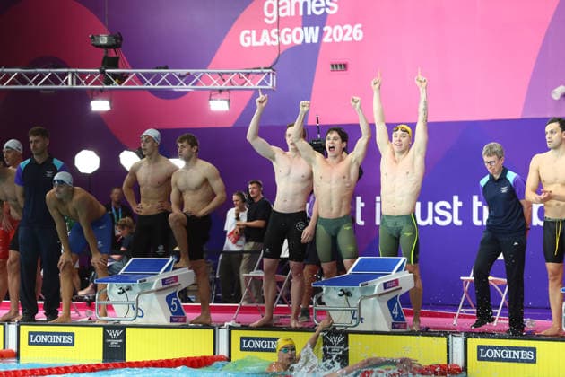 July 26, 2026, Glasgow, Scotland, Great Britain: SAM SHORT, HARRISON TURNER, EDWARD SOMMERVILLE and KAI TAYLOR of Team Australia celebrate winning the Swimming Men s 4 x 200m Freestyle Relay Final of the Commonwealth Games Glasgow 2026 in 7:01.47 and thus setting up a new Commonwealth Games Record at the Tollcross International Swimming Centre in Glasgow, Scotland. Commowealth Games 2026: Swimming  - ZUMAc179 20260726_zep_c179_491 Copyright: xMickaelxChavetx