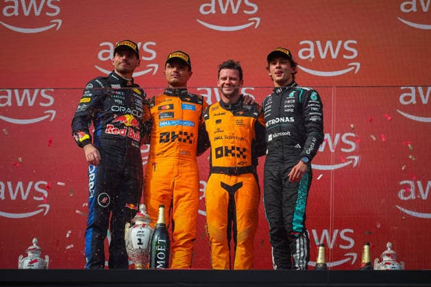 MOTORSPORTS - Formula 1 - 2026 Hungarian Grand Prix Photo by IPA ABACAPRESS.COM87030252 - Race podium: Lando Norris wins ahead of Max Verstappen and Kimi Antonelli at the Hungarian Grand Prix, Hungaroring, Budapest, July 23–26, 2026, 2026 Formula 1 World Championship, WM, Weltmeisterschaft Hungary Hungary  Copyright: xIPAxSport ABACAx