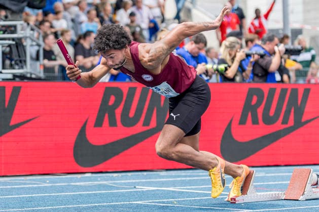Deutsche Leichtathletik-Meisterschaften; Bochum-Wattenscheid, 26.07.2026 Joshua Hartmann (ASV Köln e. V.), 4x100m; Deutsche Leichtathletik-Meisterschaften am 26.07.2026 im Lorheide-Stadion, Bochum-Wattenscheid (Nordrhein-Westfalen). *** German Track and Field Championships, Bochum Wattenscheid, July 26, 2026; Joshua Hartmann, ASV Köln e.V., 4x100m; German Track and Field Championships on July 26, 2026, at Lorheide Stadium, Bochum-Wattenscheid, North Rhine-Westphalia Copyright: xBEAUTIFULxSPORTS AxelxKohringx