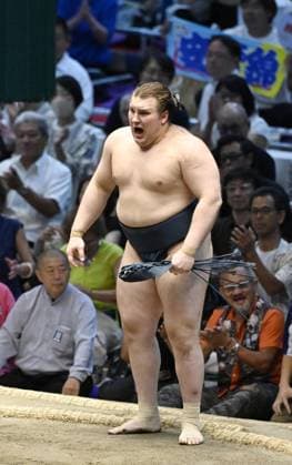 Nagoya Grand Sumo Tournament Sekiwake Aonishiki shouts after winning the 15-day Nagoya Grand Sumo Tournament in a three-way playoff at IG Arena in Nagoya, central Japan, on July 26, 2026.  A14AA0005624090P