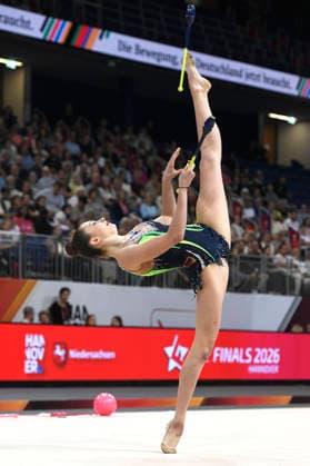 Lada Pusch gewinnt die Goldmedaille im Finale der Deutschen Meisterschaft in Rhythmischer Sportgymnastik, Keulen bei den 6. Finals 2026 in der ZAG Arena. Hannover, 26.07.2026 *** Lada Pusch wins the gold medal in the final of the German Rhythmic Gymnastics Championships, clubs event, at the 6 Finals 2026 in the ZAG Arena in Hanover, July 26, 2026 Foto:xC.xNiehausx xFuturexImagex finals_6815