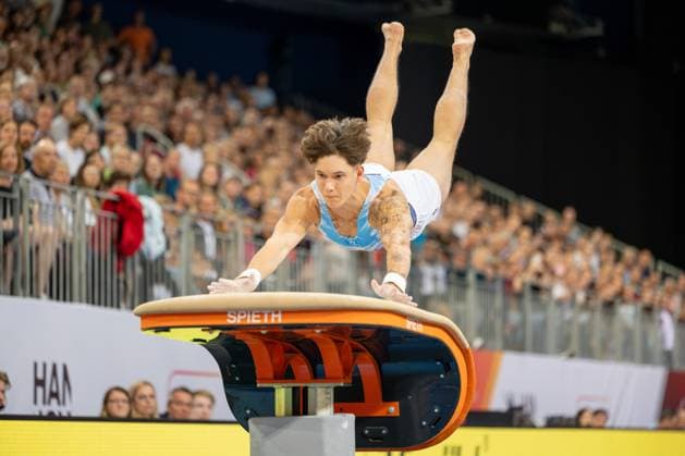 DM Finals 2026; Gerätfinals Männer Sprung***Maxim Kovalenko am Sprung *** 2026 DM Finals Men s Apparatus Finals – Vault***Maxim Kovalenko on the vault Copyright: xUdoxHerrmannx
