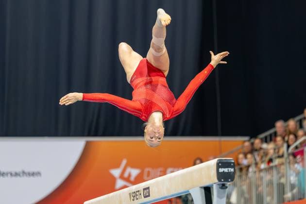 DM Finals 2026; Gerätfinals Frauen Schwebalken***Lea Marie Quaas bei ihrer Übung *** 2026 German Championships Women s Balance Beam Finals***Lea Marie Quaas performing her routine Copyright: xUdoxHerrmannx
