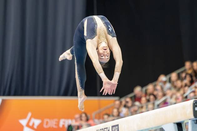 DM Finals 2026; Gerätfinals Frauen Schwebalken***Pauline Schäfer-Betz bei ihrer Übung *** 2026 German Championships Women s Balance Beam Finals***Pauline Schäfer Betz performing her routine Copyright: xUdoxHerrmannx