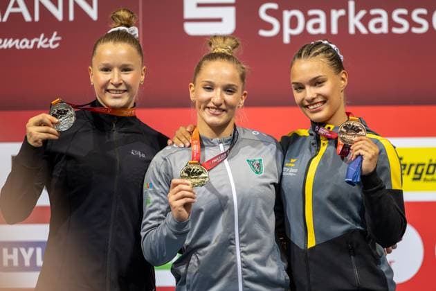 DM Finals 2026; Gerätfinals Frauen Boden***Die Medailliengewinnerinnen von links nach rechts: Silja Stöhr, Karina Schönmaier und Jessica Schlegel *** 2026 DM Finals – Women s Apparatus Finals: Floor Exercise***The medalists, from left to right: Silja Stöhr, Karina Schönmaier, and Jessica Schlegel Copyright: xUdoxHerrmannx