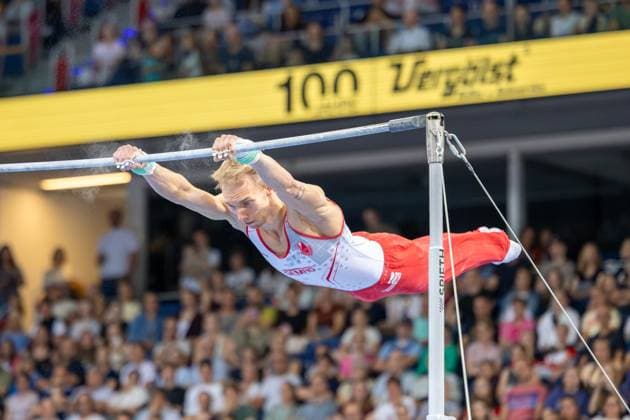 DM Finals 2026; Gerätfinals Männer Reck***Lucas Kochan bei seiner Übung *** 2026 DM Finals Men s Apparatus Finals: High Bar***Lucas Kochan performing his routine Copyright: xUdoxHerrmannx