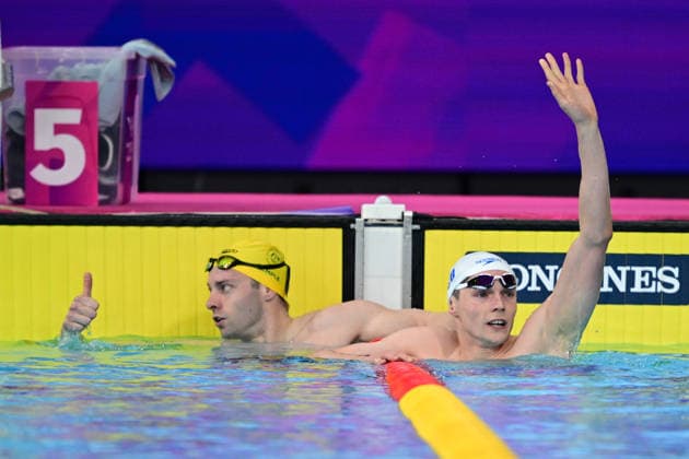 COM26 SWIMMING HEATS, Matthew Temple of Australia and Duncan Scott of England during the Men™s 200m Butterfly heats at the Glasgow 2026 Commonwealth Games at the Tollcross International Swimming Centre in Glasgow, Scotland, Monday, July 27, 2026. ( NO ARCHIVING, EDITORIAL USE ONLY Glasgow Scotland United Kingdom  Copyright: xDEANxLEWINSx 20260727168146942475
