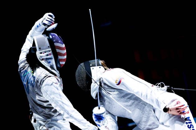 CHINA, HONG KONG - JULY 27, 2026: Lauren Scruggs of the United States (L) and Russia s Anna Solovyova compete in the ladies individual foil event at the 2026 Kerry Fencing World Championships. Mikhail Sinitsyn TASS  95532210