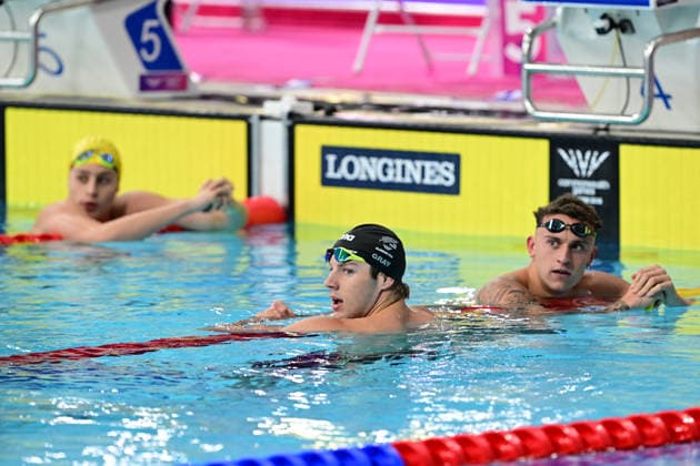 COM26 SWIMMING HEATS, (Lt-rt) Kai Taylor of Australia, Cameron Gray of New Zealand and Flynn Southam of Australia during the Men™s 100m Freestyle heats at the Glasgow 2026 Commonwealth Games at the Tollcross International Swimming Centre in Glasgow, Scotland, Monday, July 27, 2026. ( NO ARCHIVING, EDITORIAL USE ONLY Glasgow Scotland United Kingdom  Copyright: xDEANxLEWINSx 20260727143762365354