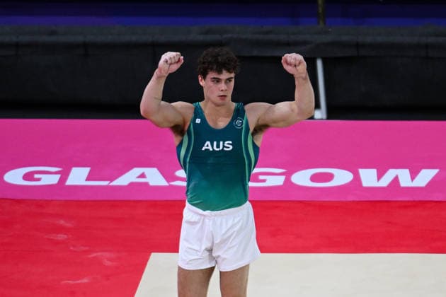 COM26 ARTISTIC GYMNASTICS, James Hardy of Australia reacts after competing in the Artistic Gymnastics Men™s Floor Exercise Final during the Glasgow 2026 Commonwealth Games at the Glasgow International Arena in Glasgow, Scotland, Monday, July 27, 2026. ( NO ARCHIVING, EDITORIAL USE ONLY Glasgow Scotland United Kingdom  Copyright: xLUKASxCOCHx 20260727144091541017