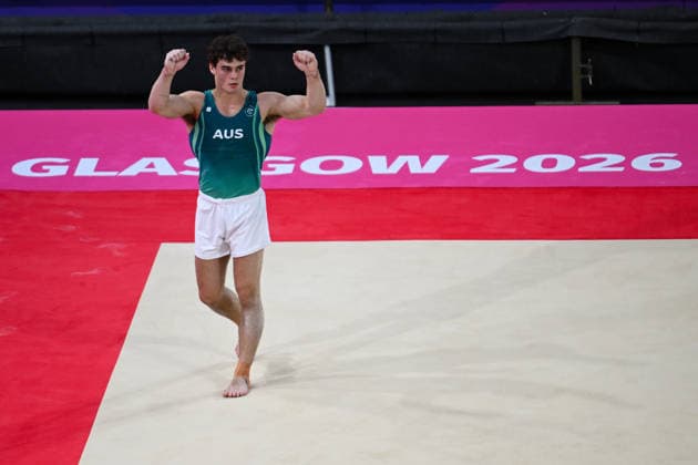 COM26 ARTISTIC GYMNASTICS, James Hardy of Australia reacts after competing in the Artistic Gymnastics Men™s Floor Exercise Final during the Glasgow 2026 Commonwealth Games at the Glasgow International Arena in Glasgow, Scotland, Monday, July 27, 2026. ( NO ARCHIVING, EDITORIAL USE ONLY Glasgow Scotland United Kingdom  Copyright: xLUKASxCOCHx 20260727148842104651