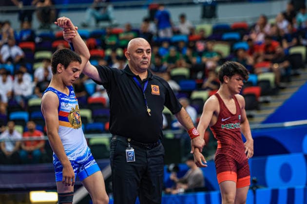 U17, U 17 Wrestling World Championships 48kg GR - Ararat Avetisyan (ARM) df. Hector Samuel Aguilar Rodriguez (MEX) *** U17 Wrestling World Championships, 48 kg Greco-Roman: Ararat Avetisyan (ARM) defeated Hector Samuel Aguilar Rodriguez (MEX) Copyright: xUnitedxWorldxWrestlingx xAmirrezx UWW-U17-WC-BAKU-2026