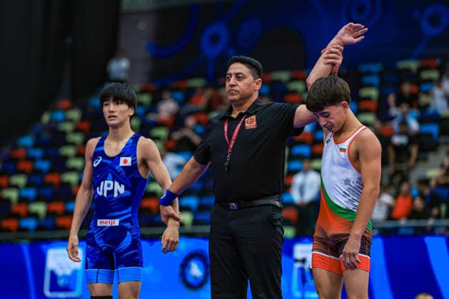 U17, U 17 Wrestling World Championships 48kg GR - Tzvetan Ioanis Nikolaev Nikolov (BUL) df. Ichia Inaoka (JPN) *** U17 Wrestling World Championships, 48 kg Greco-Roman: Tzvetan Ioanis Nikolaev Nikolov (BUL) defeated Ichia Inaoka (JPN) Copyright: xUnitedxWorldxWrestlingx xAmirrezx UWW-U17-WC-BAKU-2026