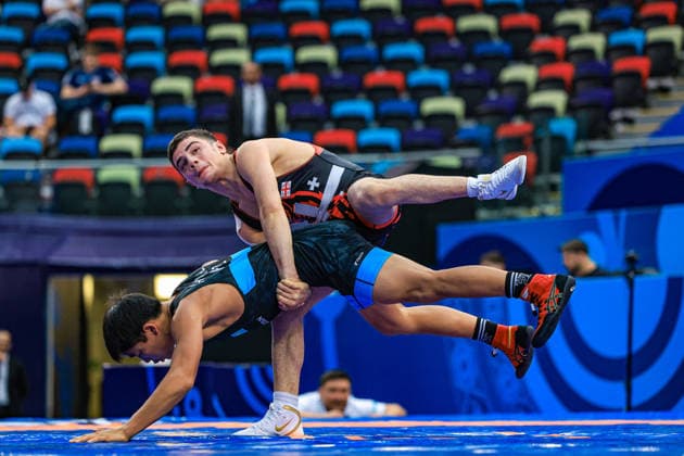 U17, U 17 Wrestling World Championships 55kg GR - Diyar Amanali (KAZ) df. Giorgi Kedelidze (GEO) *** U17 Wrestling World Championships, 55 kg Greco-Roman: Diyar Amanali (KAZ) defeated Giorgi Kedelidze (GEO) Copyright: xUnitedxWorldxWrestlingx xAmirrezx UWW-U17-WC-BAKU-2026