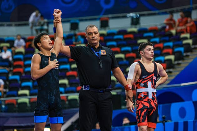 U17, U 17 Wrestling World Championships 55kg GR - Diyar Amanali (KAZ) df. Giorgi Kedelidze (GEO) *** U17 Wrestling World Championships, 55 kg Greco-Roman: Diyar Amanali (KAZ) defeated Giorgi Kedelidze (GEO) Copyright: xUnitedxWorldxWrestlingx xAmirrezx UWW-U17-WC-BAKU-2026