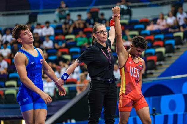 U17, U 17 Wrestling World Championships 55kg GR - Haniel De Jesus Rodriguez Nolaya (VEN) df. Abu Bakar Saga (NOR) *** U17 Wrestling World Championships, 55 kg Greco-Roman: Haniel De Jesus Rodriguez (Nolaya, VEN) def. Abu Bakar Saga (NOR) Copyright: xUnitedxWorldxWrestlingx xAmirrezx UWW-U17-WC-BAKU-2026