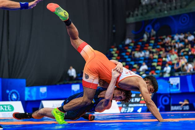 U17, U 17 Wrestling World Championships 65kg GR - Ibrahim Nasibov (UKR) df. Kunal Dagar (IND) *** U17 Wrestling World Championships, 65 kg Greco-Roman: Ibrahim Nasibov (UKR) defeated Kunal Dagar (IND) by fall Copyright: xUnitedxWorldxWrestlingx xAmirrezx UWW-U17-WC-BAKU-2026