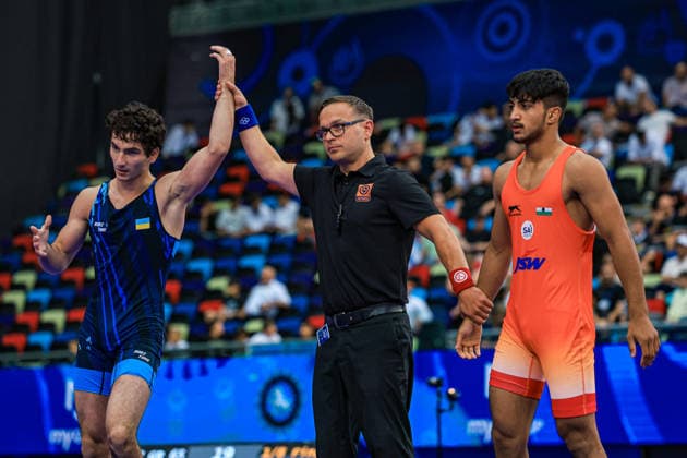 U17, U 17 Wrestling World Championships 65kg GR - Ibrahim Nasibov (UKR) df. Kunal Dagar (IND) *** U17 Wrestling World Championships, 65 kg Greco-Roman: Ibrahim Nasibov (UKR) defeated Kunal Dagar (IND) by fall Copyright: xUnitedxWorldxWrestlingx xAmirrezx UWW-U17-WC-BAKU-2026