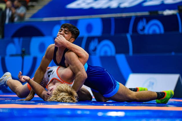 U17, U 17 Wrestling World Championships 65kg GR - Kunal Dagar (IND) df. Arseni Kikiniou (USA) *** U17 Wrestling World Championships, 65 kg Greco-Roman: Kunal Dagar (IND) defeated Arseni Kikiniou (USA) Copyright: xUnitedxWorldxWrestlingx xAmirrezx UWW-U17-WC-BAKU-2026