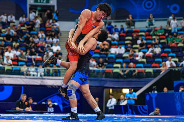 U17, U 17 Wrestling World Championships 65kg GR - Sardor Makhmudov (UZB) df. Bakhtovar Primqulov (TJK) *** U17 Wrestling World Championships, 65 kg, Greco-Roman: Sardor Makhmudov (UZB) def. Bakhtovar Primqulov (TJK) Copyright: xUnitedxWorldxWrestlingx xAmirrezx UWW-U17-WC-BAKU-2026