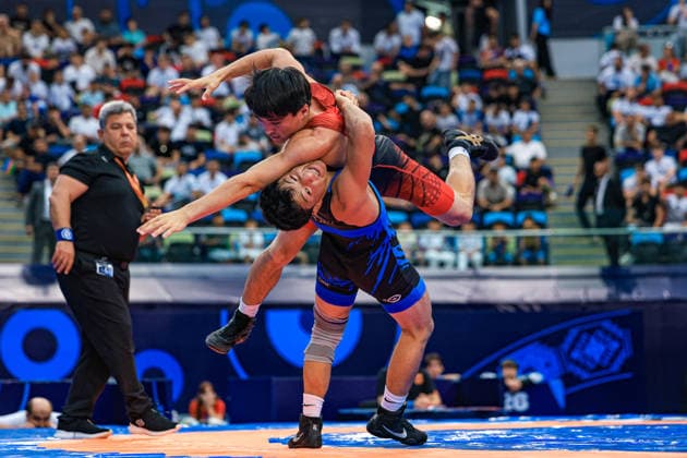 U17, U 17 Wrestling World Championships 65kg GR - Sardor Makhmudov (UZB) df. Bakhtovar Primqulov (TJK) *** U17 Wrestling World Championships, 65 kg, Greco-Roman: Sardor Makhmudov (UZB) def. Bakhtovar Primqulov (TJK) Copyright: xUnitedxWorldxWrestlingx xAmirrezx UWW-U17-WC-BAKU-2026