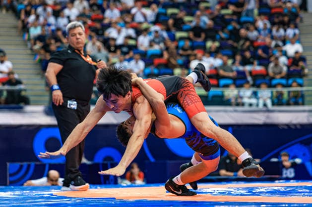 U17, U 17 Wrestling World Championships 65kg GR - Sardor Makhmudov (UZB) df. Bakhtovar Primqulov (TJK) *** U17 Wrestling World Championships, 65 kg, Greco-Roman: Sardor Makhmudov (UZB) def. Bakhtovar Primqulov (TJK) Copyright: xUnitedxWorldxWrestlingx xAmirrezx UWW-U17-WC-BAKU-2026
