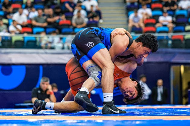 U17, U 17 Wrestling World Championships 65kg GR - Sardor Makhmudov (UZB) df. Bakhtovar Primqulov (TJK) *** U17 Wrestling World Championships, 65 kg, Greco-Roman: Sardor Makhmudov (UZB) def. Bakhtovar Primqulov (TJK) Copyright: xUnitedxWorldxWrestlingx xAmirrezx UWW-U17-WC-BAKU-2026