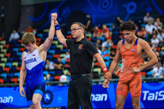 U17, U 17 Wrestling World Championships 65kg GR - Shamil Labazanov (RUS) df. Raffaele Saverio Dragutin Hight (NED) *** U17 Wrestling World Championships, 65 kg Greco-Roman: Shamil Labazanov (RUS) defeated Raffaele Saverio Dragutin Hight (NED) by fall Copyright: xUnitedxWorldxWrestlingx xAmirrezx UWW-U17-WC-BAKU-2026