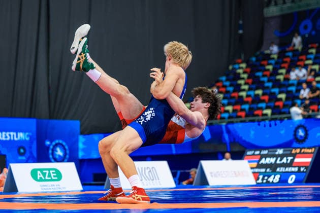 U17, U 17 Wrestling World Championships 80kg GR - Ilias Gadaborshev (RUS) df. Yaraslau Blotski (BLR) *** U17 Wrestling World Championships, 80 kg Greco-Roman: Ilias Gadaborshev (RUS) defeated Yaraslau Blotski (BLR) by fall Copyright: xUnitedxWorldxWrestlingx xAmirrezx UWW-U17-WC-BAKU-2026