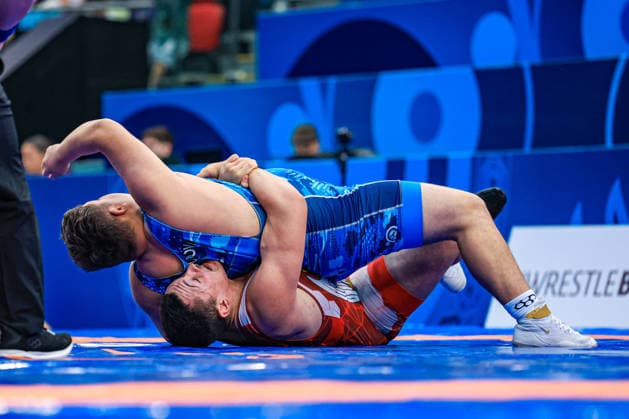 U17, U 17 Wrestling World Championships 110kg GR - Andrej Simic (SRB) df. Elbek Ulzhabekovich Turgunov (KGZ) *** U17 Wrestling World Championships, 110 kg, Greco-Roman: Andrej Simic (SRB) def. Elbek Ulzhabekovich Turgunov (KGZ) Copyright: xUnitedxWorldxWrestlingx xAmirrezx UWW-U17-WC-BAKU-2026